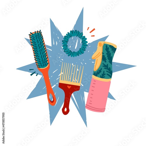 Hair accessories illustration. Hairbrush and spray bottle, comb, hair elastic. Curly girl method. Vector