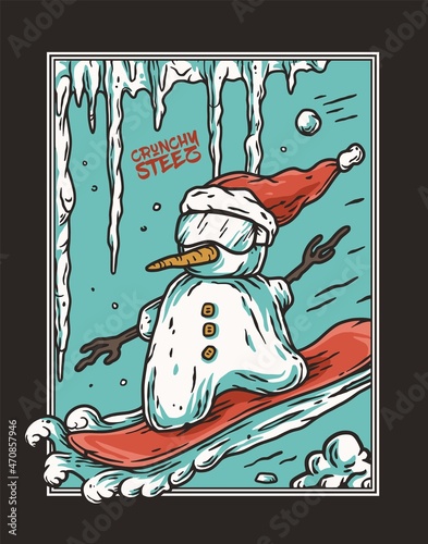 Winter snowman on snowboard for ice print design