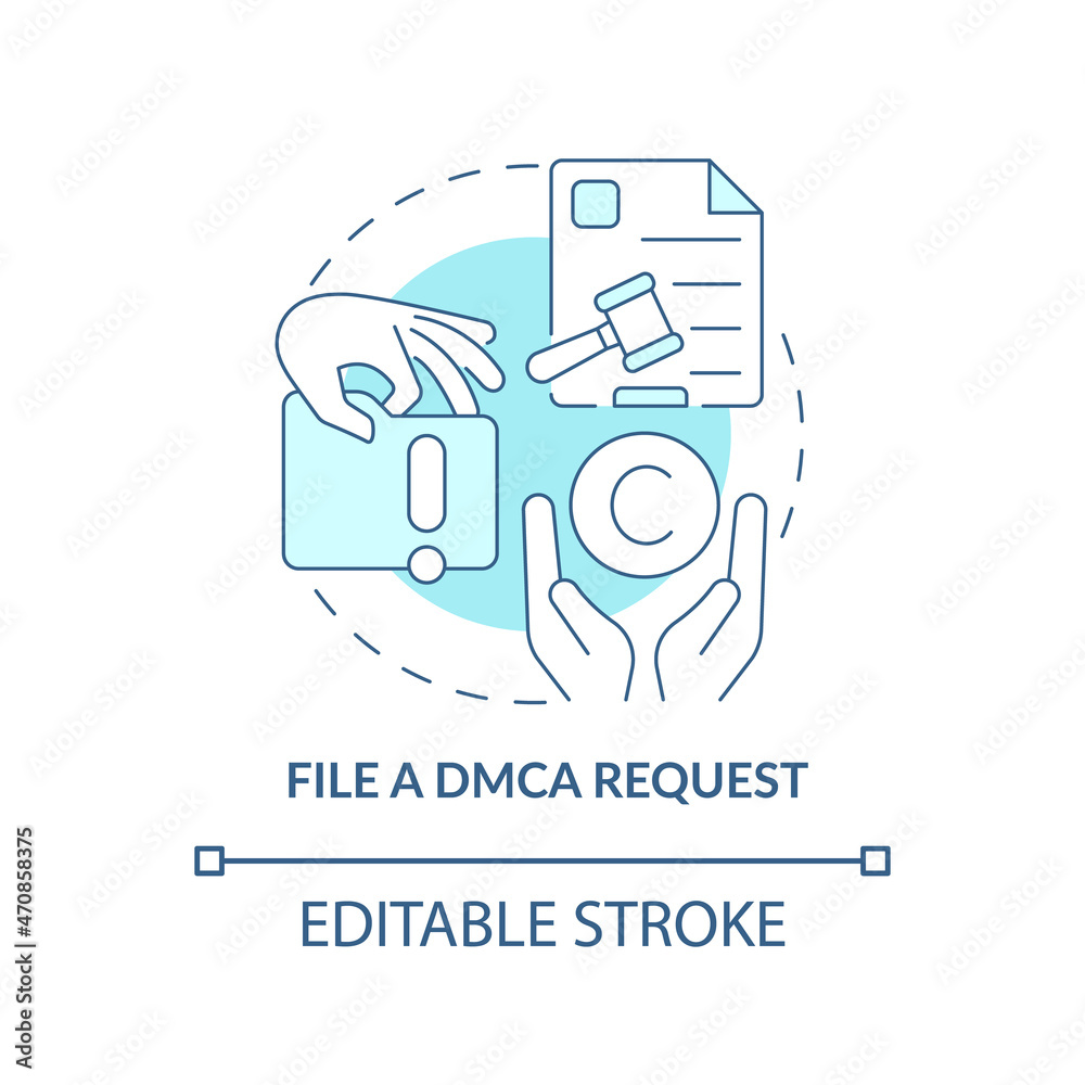 File DMCA request blue concept icon. Content protection abstract idea thin line illustration. Protect copyrighted content. Legal liability. Vector isolated outline color drawing. Editable stroke File DMCA request blue concept icon. Content protection abstract idea thin line illustration. Protect copyrighted content. Legal liability. Vector isolated outline color drawing. Editable stroke