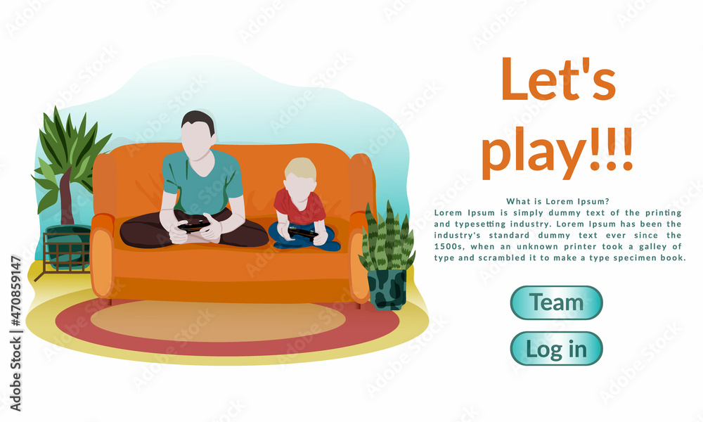 WebMockup of the landing page. Dad and kid are spending time together, playing video games. Friends playing an online battle game. Brothers holding joysticks clipart. Leisure time, pastime.