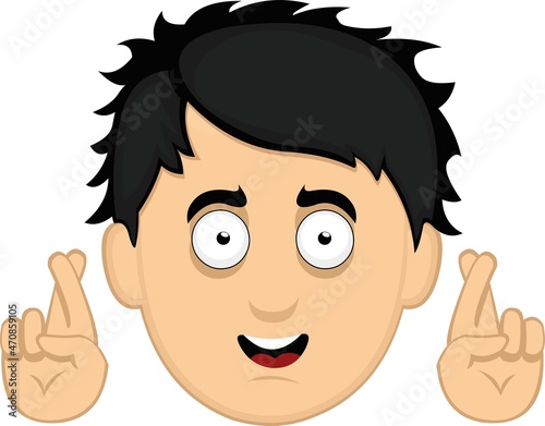 Vector illustration of the face of a young cartoon man, crossing the fingers of his hands

