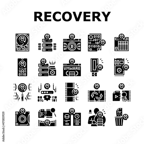 Data Recovery Computer Processing Icons Set Vector. Remote Emergency Data Recovery Hard Drive And Ssd, Smartphone And Password. Loss Prevention Services Software Glyph Pictograms Black Illustrations