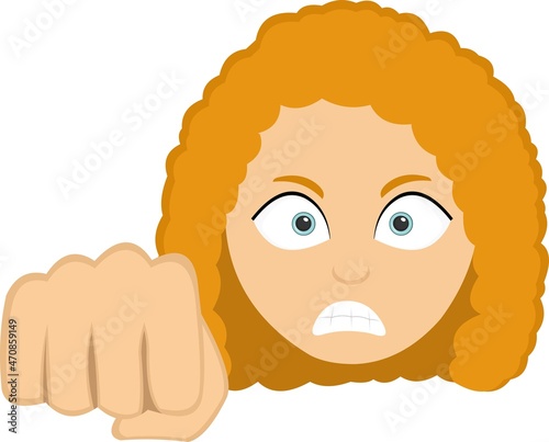 Vector illustration of a cartoon redhead woman's face, with an angry expression and giving a fist bump