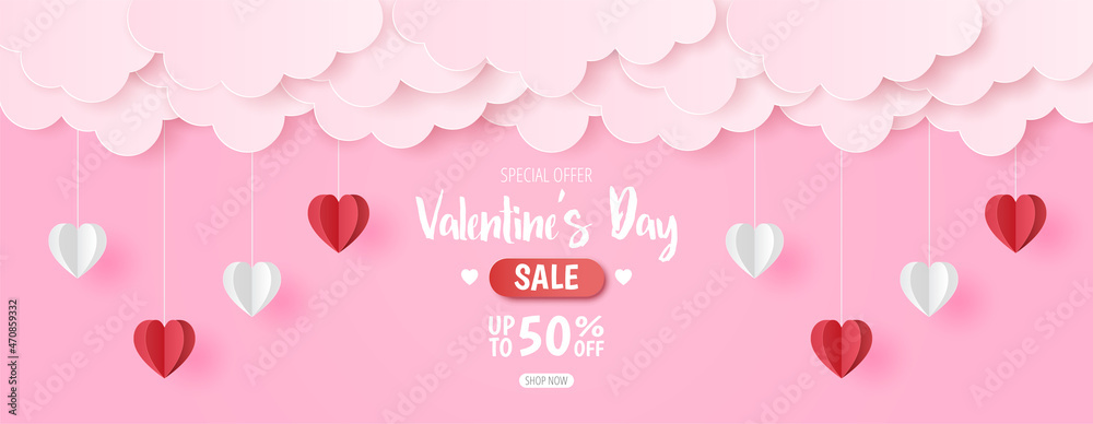 Paper cut of Happy Valentine's Day sale background with red and white heart with cloud on pink background for greeting card, banner and headers website