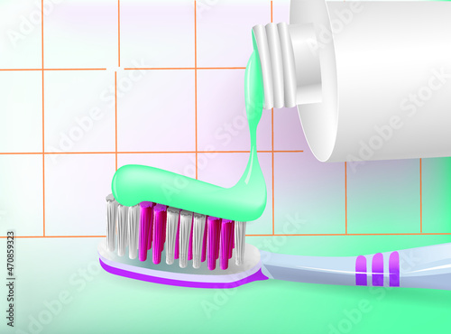 Teeth cleaning. Toothbrush and toothpaste close-up. Hand extrude the toothpaste from the tube on toothbrush. Oral hygiene concept. Realistic vector illustration. 