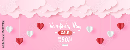Paper cut of Happy Valentine's Day sale background with red and white heart with cloud on pink background for greeting card, banner and headers website