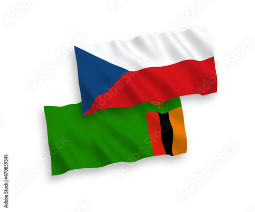 National vector fabric wave flags of Czech Republic and Republic of Zambia isolated on white background. 1 to 2 proportion.
