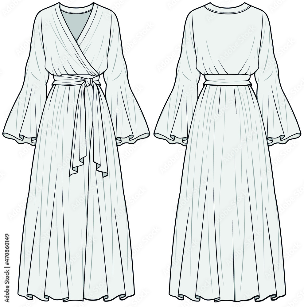 Bell Sleeve Crossover Maxi Dress With Tie, Trumpet Sleeve Overlap Dress