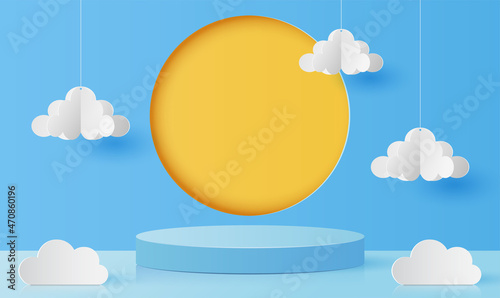 Paper cut of minimal scene with blue color cylinder podium for products display presentation, sun and cloud on blue sky background, Summer season. Vector illustration