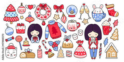 Winter season stickers collection. Merry christmas and happy new year set. Vector cartoon illustration.