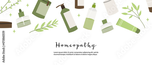 Homeopathy, naturopathy. Complementary, alternative, integrative, holistic medicine. Natural organic herb. Apothecary bottle. Vector flat cartoon illustration. Landing page, banner design, flyer