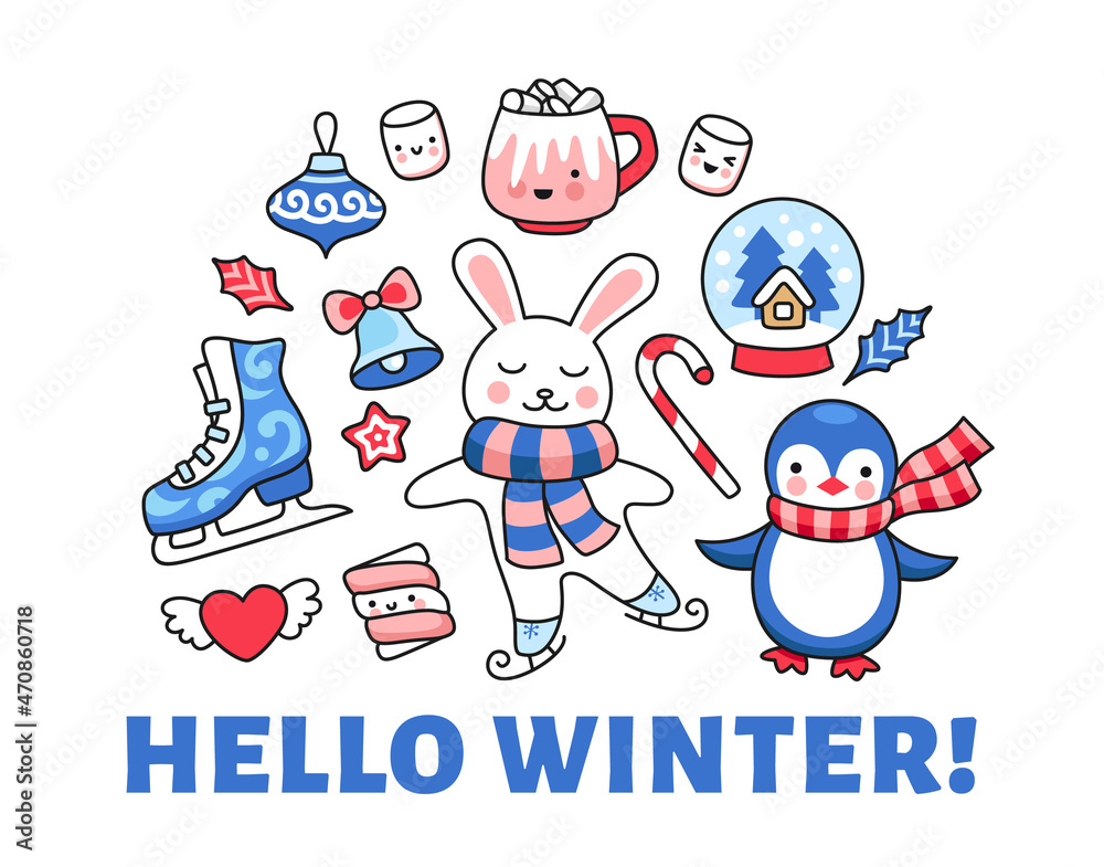 Ice skating rabbit, penguin, marshmallows. Set of holiday isolated elements and characters for greeting card, print, poster and banner. Vector cartoon illustration.