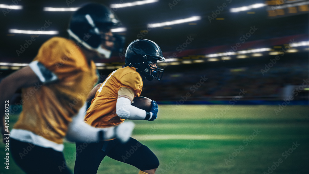 Fototapeta premium American Football Stadium Field Two Teams Compete: Successful Player Running to Score Touchdown Points. Professional Athletes Compete for the Ball, Tackle, Fight for Championship Victory.