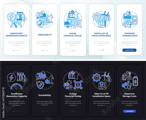 Renewable energy issues onboarding mobile app page screen. Outlay walkthrough 5 steps graphic instructions with concepts. UI, UX, GUI vector template with linear night and day mode illustrations