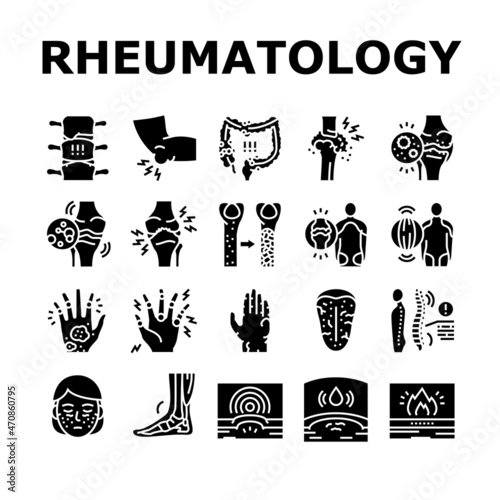 Rheumatology Disease Problem Icons Set Vector. Ankylosing Spondylitis And Polymyalgia Rheumatica, Polymyositis Muscle Osteoporosis Bone Ill Rheaumatology Treatment Glyph Pictograms Black Illustrations