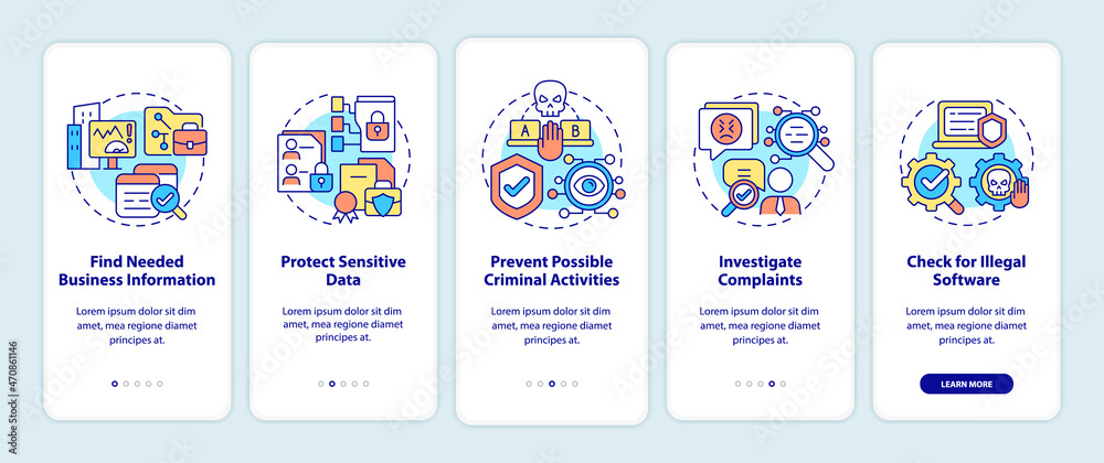 Surveillance legal uses onboarding mobile app page screen. Work control walkthrough 5 steps graphic instructions with concepts. UI, UX, GUI vector template with linear color illustrations