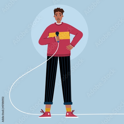 Stand-up show. Speech by a man with a microphone. Character design. Vector