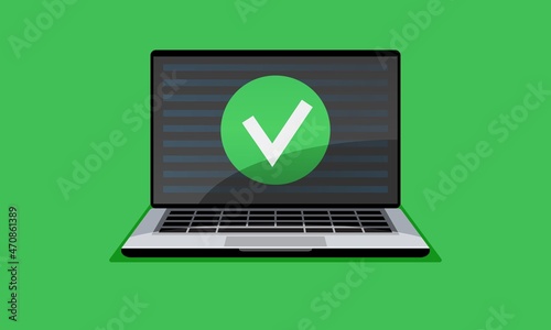 Online approve check mark updated or download complete, accept, laptop computer screen, vector flat illustration. design element