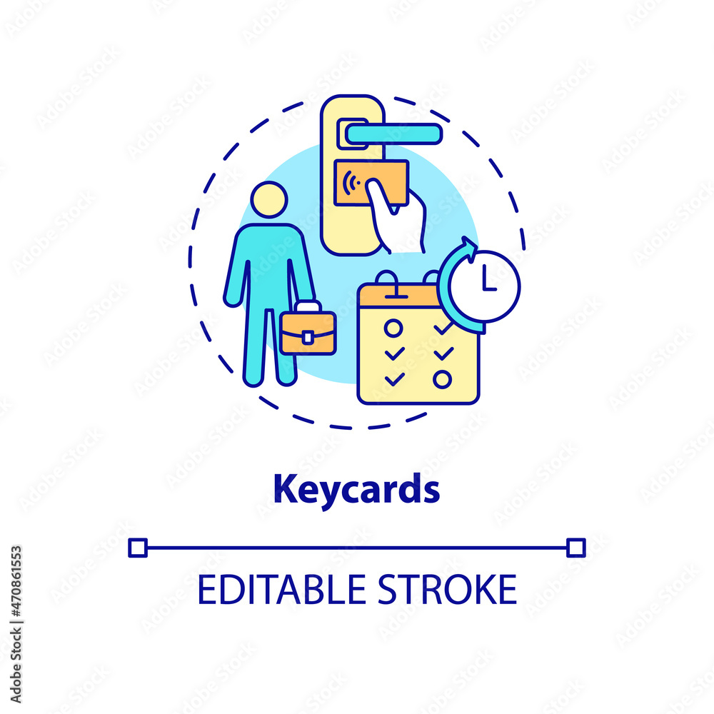 Keycards concept icon. Sensor reader on office door. Workplace security. Employee monitoring abstract idea thin line illustration. Vector isolated outline color drawing. Editable stroke Keycards concept icon. Sensor reader on office door. Workplace security. Employee monitoring abstract idea thin line illustration. Vector isolated outline color drawing. Editable stroke