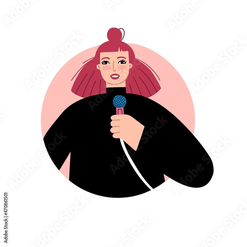 Stand-up show. Speech by a girl with a microphone. Character design. Vector