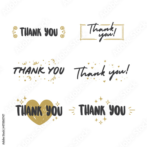 Thank You lettering compositions written with decorative calligraphic font. Bundle of gratitude phrase decorated with cute elements. Hand drawn thanks vector quotes.