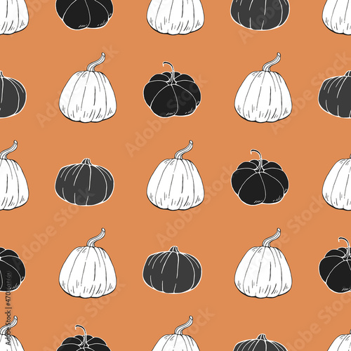 Seamless pattern with hand drawn outline pumpkins. Endless texture with black and white contour squashes on orange background for your design