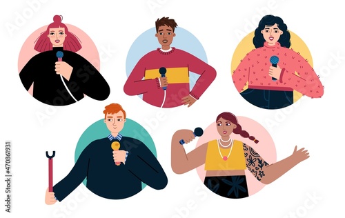 Stand-up show set. Speech by men and girls with a microphone. Character design. Vector