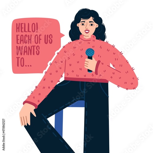 Stand-up show. Speech by a girl with a microphone. Character design. Vector