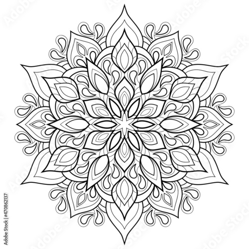 Decorative mandala with floral and marine patterns on a white isolated background. For coloring book.