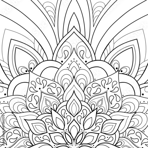 Decorative mandala pattern with floral and wavy elements on a white isolated background. Suitable for coloring pages, cover.