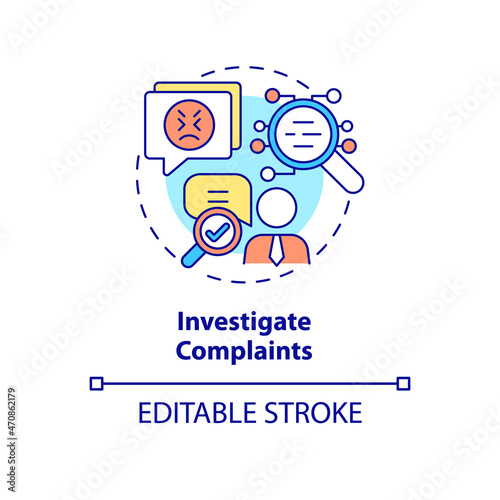 Investigate compaints concept icon. Check workers problem in workplace. Employee monitoring abstract idea thin line illustration. Vector isolated outline color drawing. Editable stroke