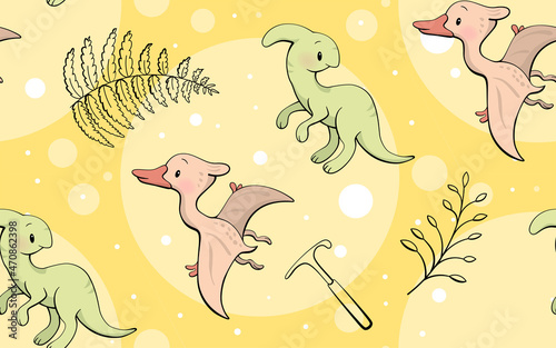 Seamless pattern with cute dinosaur. Parasaurolophus and pterodactyl in kawaii style. Vector