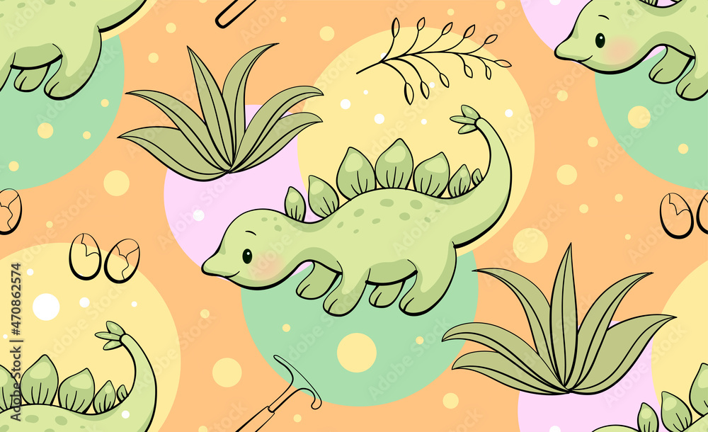 Obraz premium Seamless pattern with cute dinosaur. Stegosaurus in kawaii style. Vector