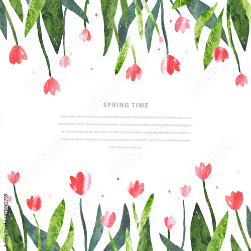 Watercolor vector template with tulips and sky isolated on blue background. Spring template frame for invitation, poster, flyer, banner, card. Place for message
