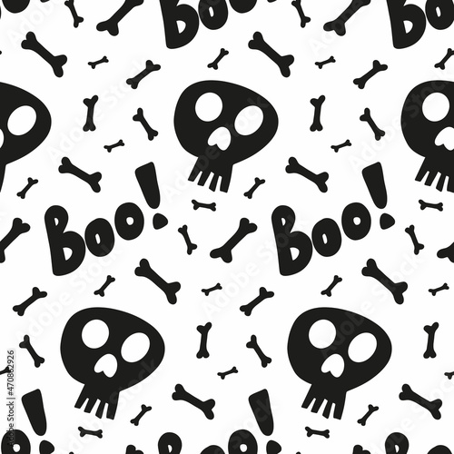 Skeleton, seamless pattern on white background. Halloween bones pattern background. Vector illustration for seasonal design, textile, decoration or greeting card. Hand drawn prints and doodle.