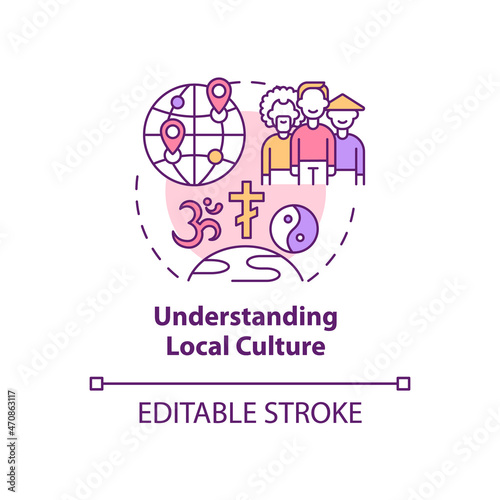 Understanding local culture concept icon. Expats struggles abstract idea thin line illustration. Cultural shock. Adjusting to foreign customs. Vector isolated outline color drawing. Editable stroke