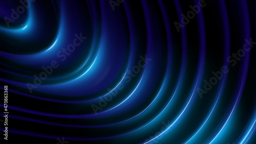 Abstract background of blue waves with neon glow. Dark illustration. 3D Render