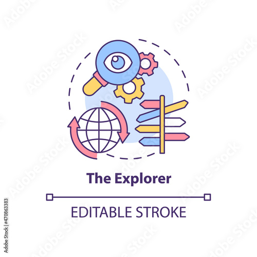 Explorer concept icon. Types of expats abstract idea thin line illustration. Person seeking for new experience. Discover and explore. Vector isolated outline color drawing. Editable stroke
