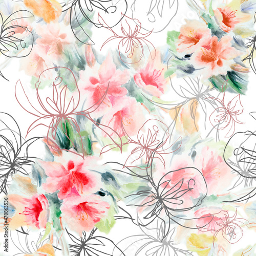 Graphic flowers rose with colorful watercolor flowers on white background. Abstract seamless pattern.