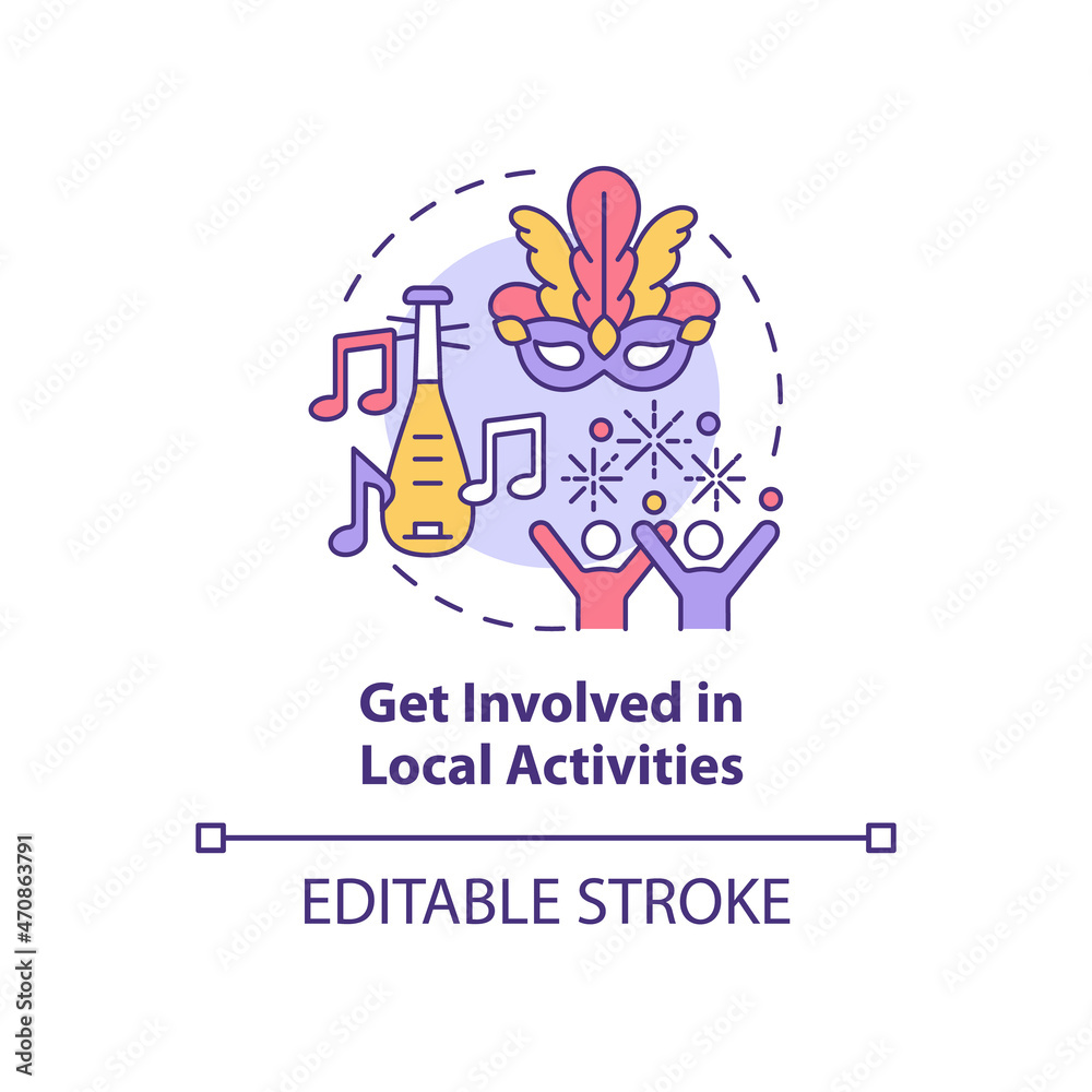 Get involved in local activities concept icon. Adjusting to living abroad abstract idea thin line illustration. Engaging in cultural events. Vector isolated outline color drawing. Editable stroke