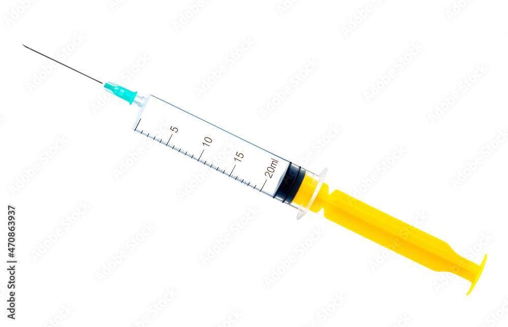 Fototapeta premium Medical syringe isolated on white background. macro photography