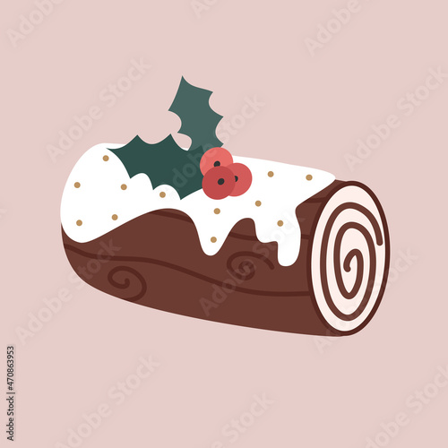 cute cartoon holidays yule log dessert illustration isolated on pink background