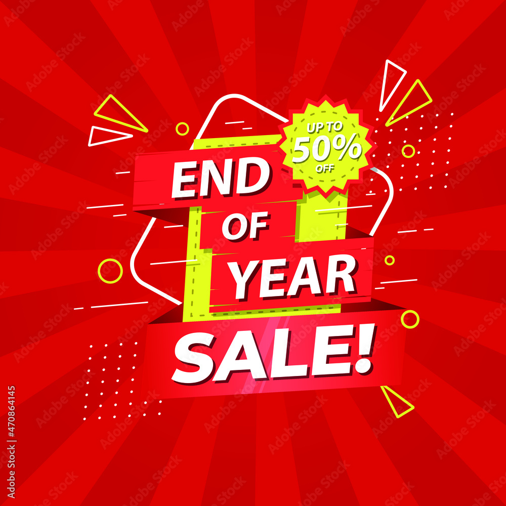 End of year sale banner design with 50% discount. red background with vintage style and abstract decoration. End of year sale banner design with 50% discount. red background with vintage style and abstract decoration.