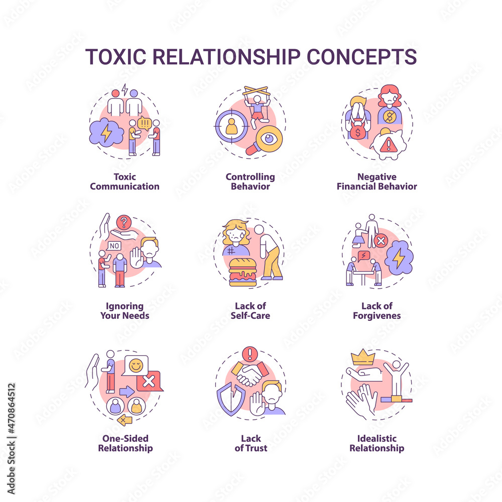 Toxic relationship concept icons set. Manipulative partner. Trust and support lack. Abusive cohabitation idea thin line color illustrations. Vector isolated outline drawings. Editable stroke
