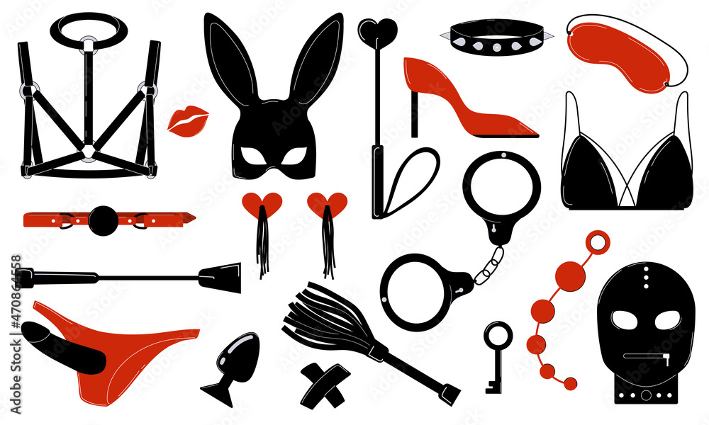 BDSM sex set for role play. Toys and accessories for adults. Masks and whips,  handcuffs, gag, collar,belt. Black and red vector images in a flat style.  Stock Vector