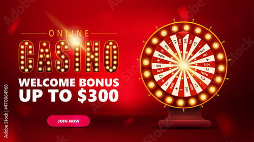 Online casino, red invitation banner for website with button and red Casino Wheel Fortune
