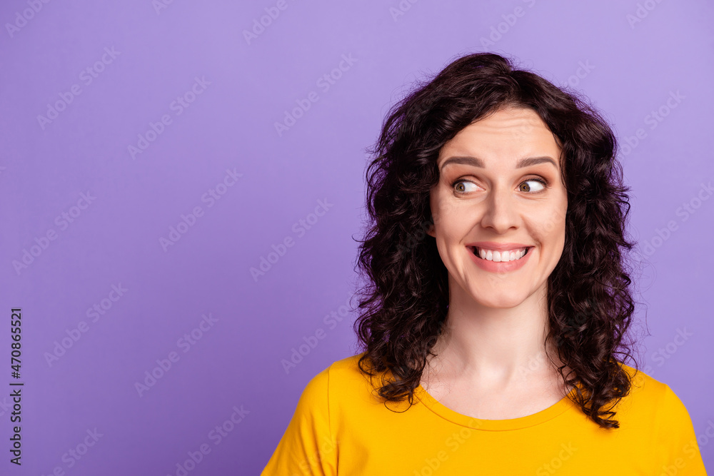 Fototapeta premium Photo of young attractive woman wondered look empty space thoughtful isolated violet color background