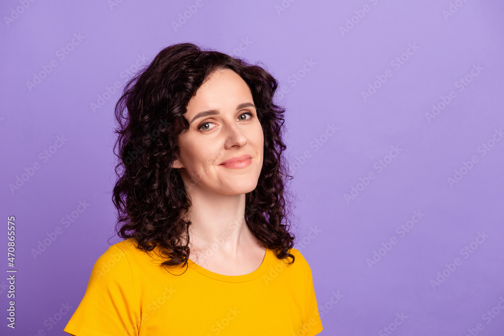 Photo of young confident lovely woman good mood casual outfit dreamy isolated violet color background Photo of young confident lovely woman good mood casual outfit dreamy isolated violet color background