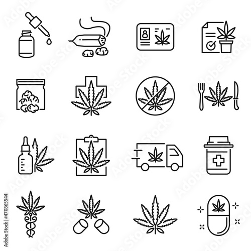 Monochrome cannabis line icon set vector illustration. Simple cannabidiol or marijuanas