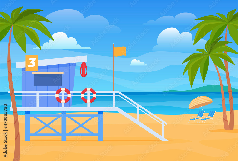 Obraz premium Lifeguard booth empty summer sand beach vector flat illustration. Peaceful relaxation landscape sea